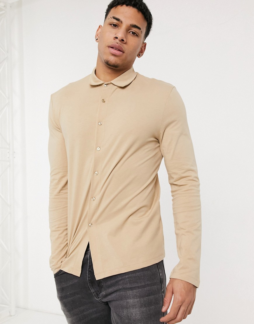 ASOS DESIGN organic standard fit long sleeve jersey shirt in beige-Neutral