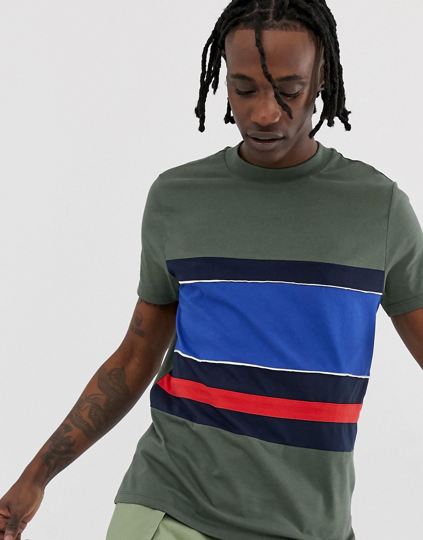 ASOS DESIGN organic t-shirt with colour block and piping in kahki-Green