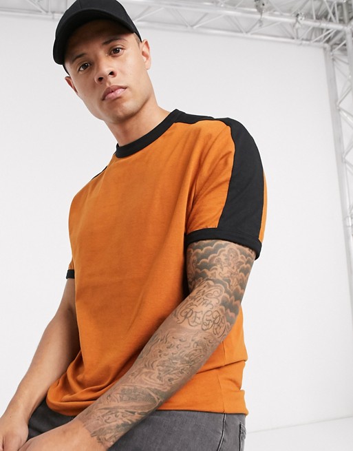 ASOS DESIGN organic t-shirt with contrast shoulder panel in brown