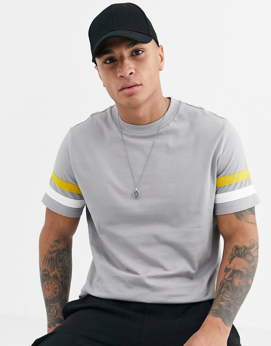 ASOS DESIGN organic t-shirt with contrast sleeve stripes-Grey