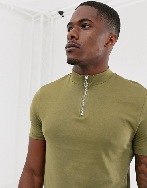 ASOS DESIGN organic t-shirt with zip turtle neck in green