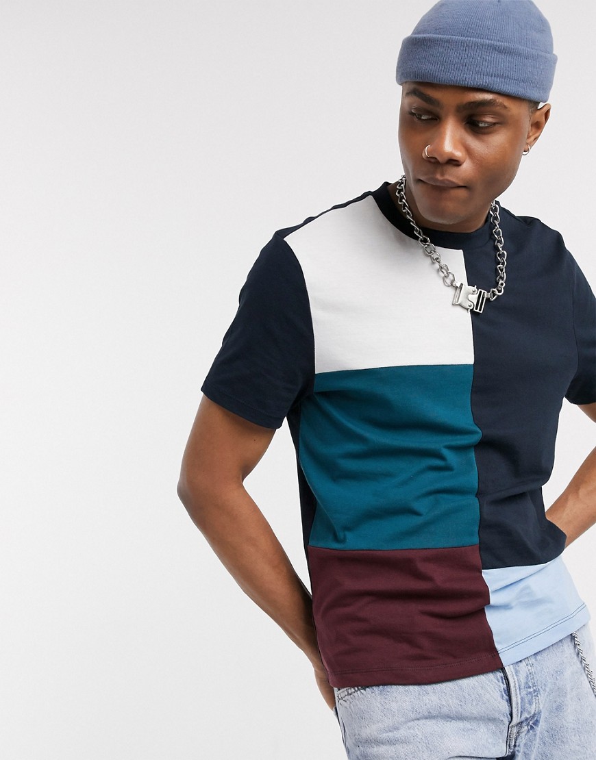 ASOS DESIGN - organic - T-shirt med patchwork-farveblok i mørkeblå-Marineblå