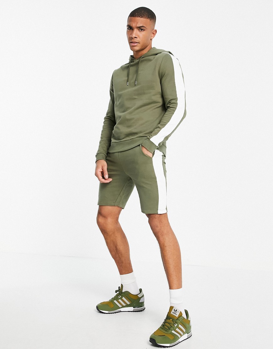ASOS DESIGN organic tracksuit with hoodie & shorts with side stripe in khaki-Green