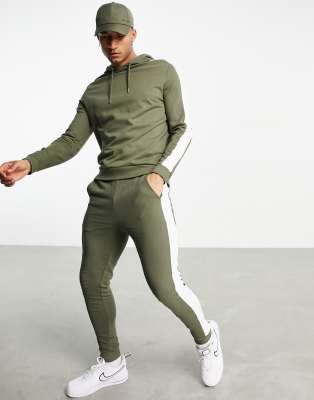 ASOS DESIGN organic tracksuit with hoodie & side stripe in khaki-Green