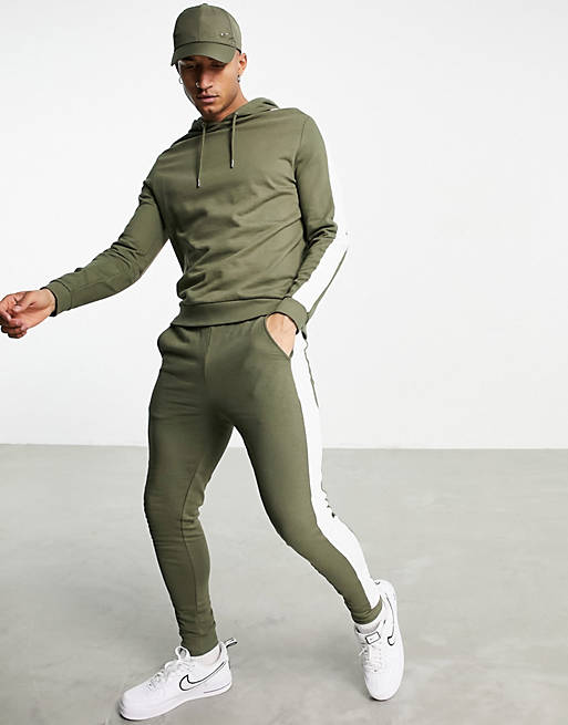 Tracksuits organic tracksuit with hoodie & side stripe in khaki 