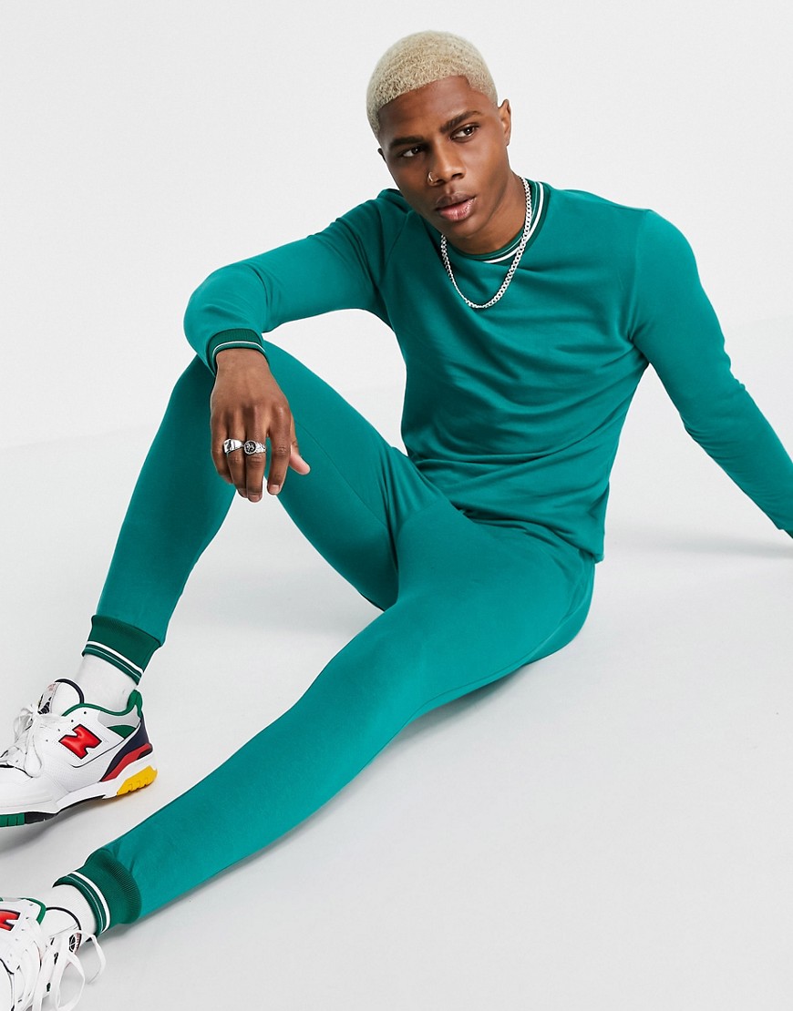 ASOS DESIGN organic tracksuit with striped rib in green
