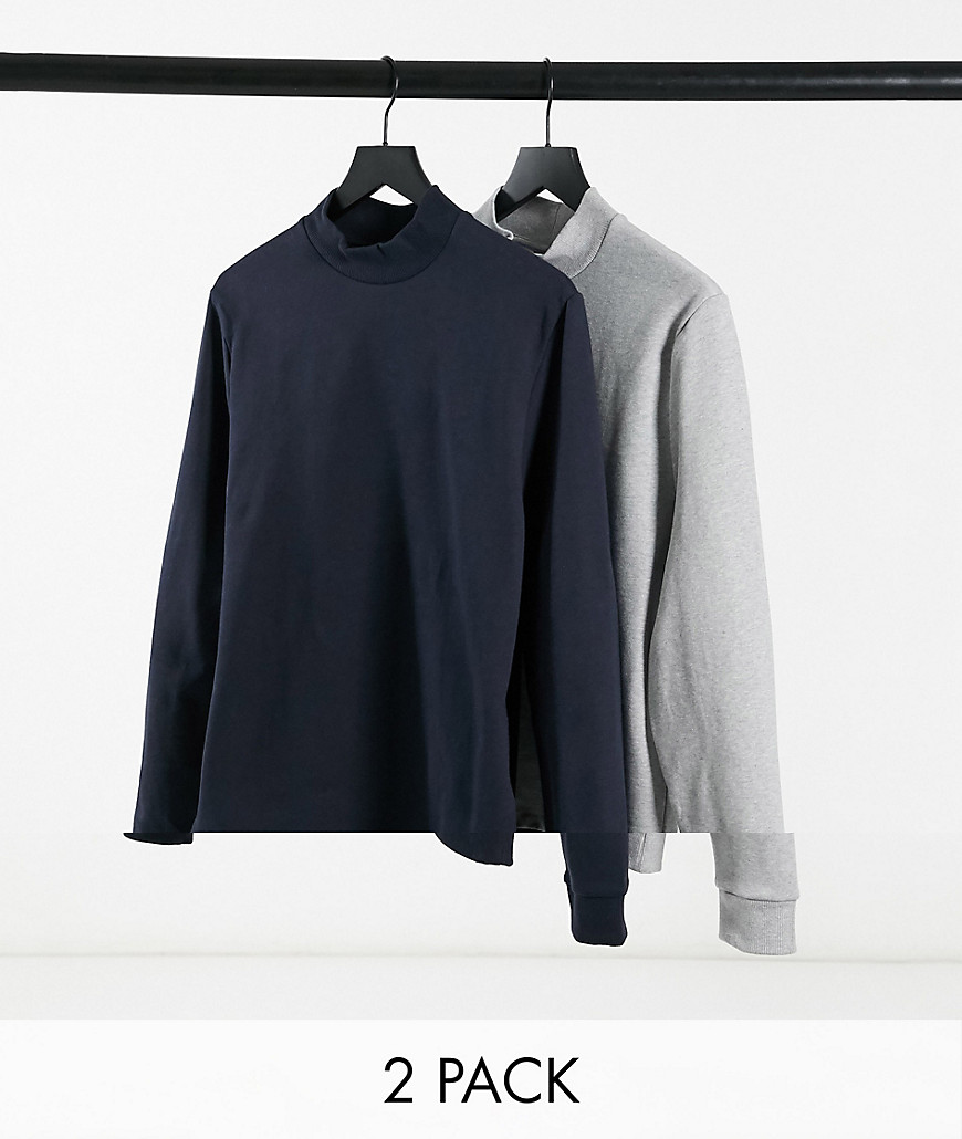 ASOS DESIGN organic turtleneck sweatshirt 2-pack in gray heather and navy-Multi