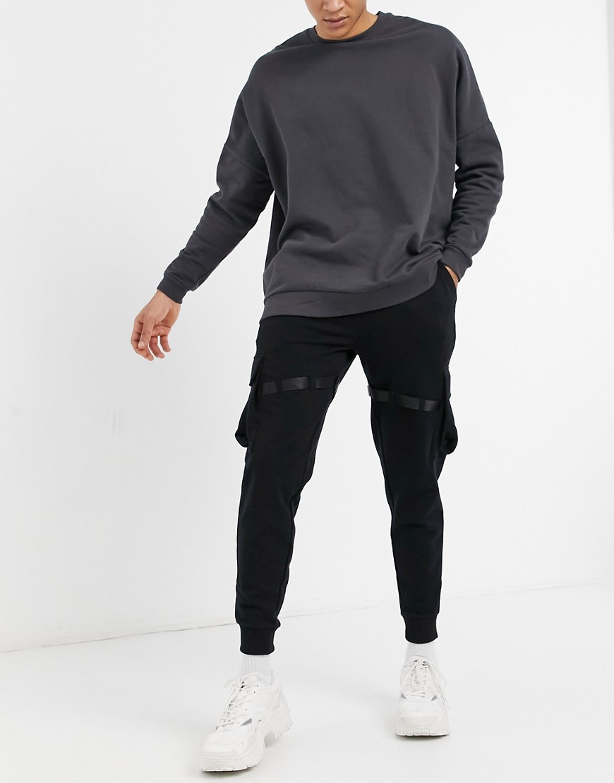 ASOS DESIGN organic utility joggers with multi pockets & strapping-Black