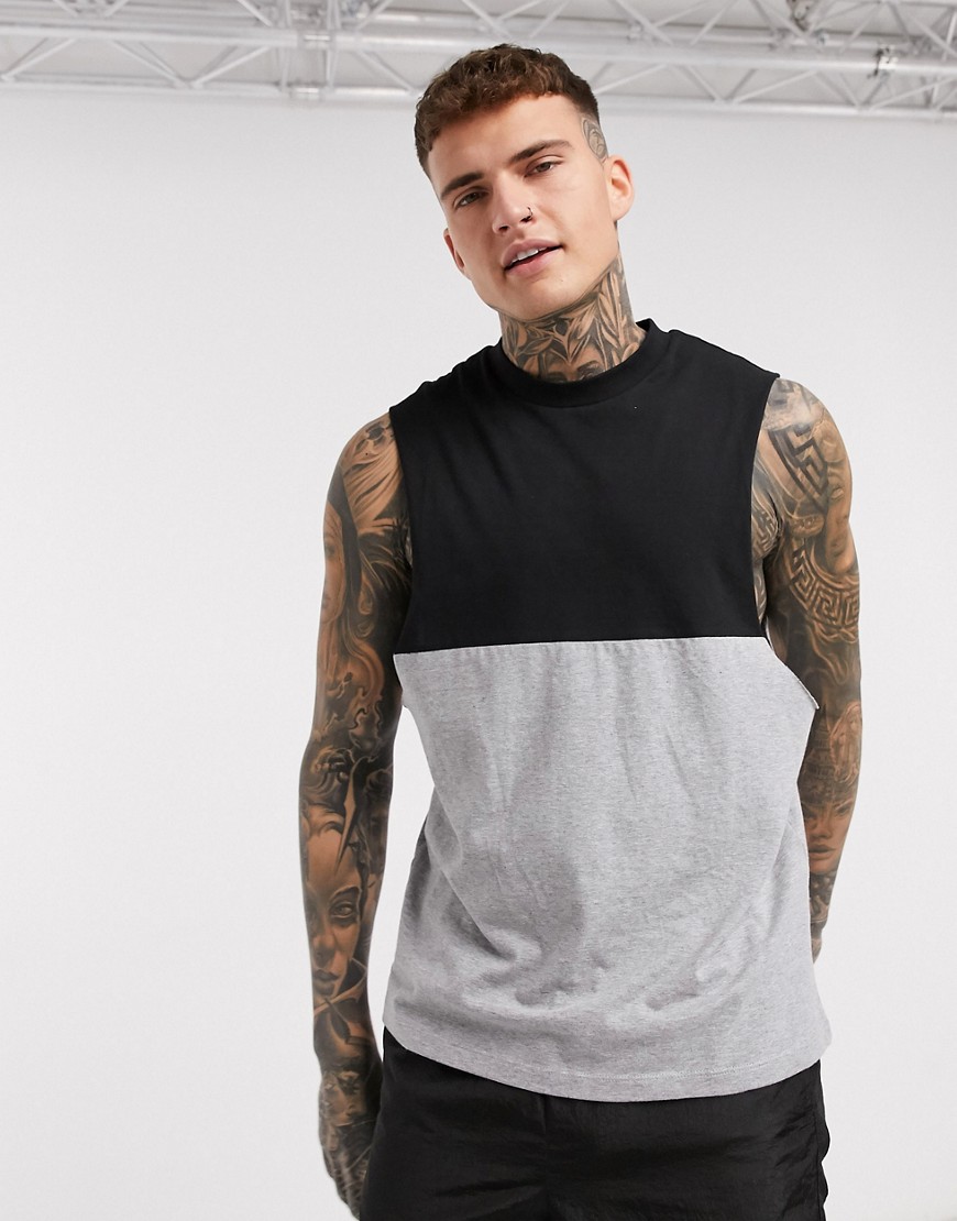 ASOS DESIGN - Organisch ruimvallend mouwloos T-shirt met verlaagd armsgat en contrasterende schouderpas in gemêleerd grijs