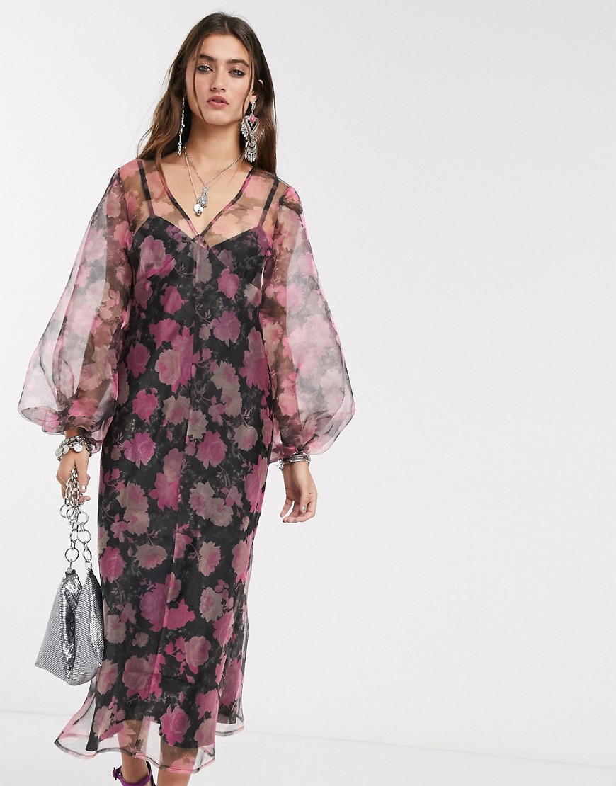 ASOS DESIGN organza bias maxi dress with puff sleeves in rose floral print-Multi