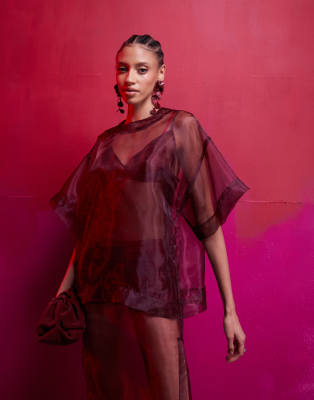ASOS DESIGN organza boxy tee 2 in 1 dress with midi cami slip in burgundy
