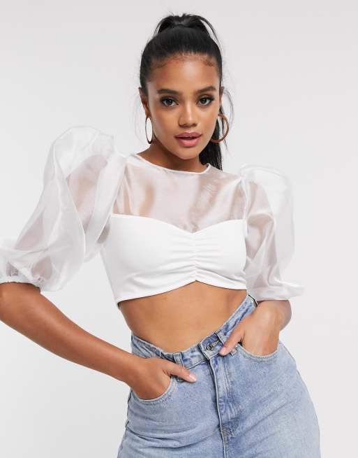 White Sheer Metallic Tie Back Bandeau Crop Top