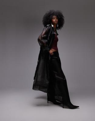 organza maxi trench coat in black