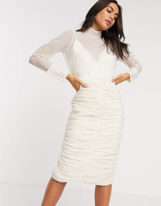 ASOS DESIGN - Organza - Midi-kokerjurk met rimpeleffect in ivoor