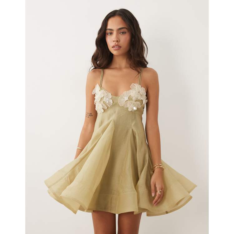 asos design organza embroidered cutwork dress ASOS EDITION organza embroidered cutwork detail waisted mini dress in sage  green