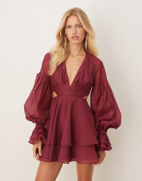 ASOS DESIGN organza pleated mini dress with blouson sleeve and cuff detail in burgundy - view 1