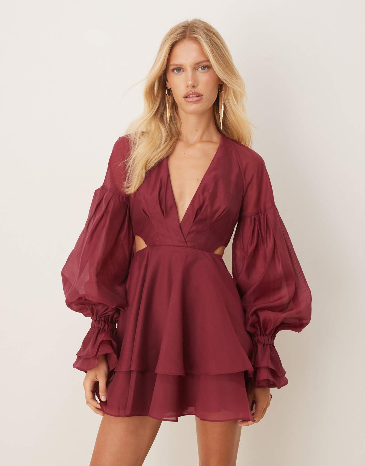 ASOS DESIGN organza pleated mini dress with blouson sleeve and cuff detail in burgundy