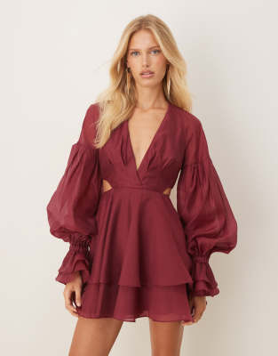 Asos Design Organza Pleated Mini Dress With Blouson Sleeves And Cuff Detailing In Red