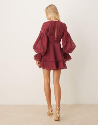 Asos Design Organza Pleated Mini Dress With Blouson Sleeves And Cuff Detailing In Burgundy