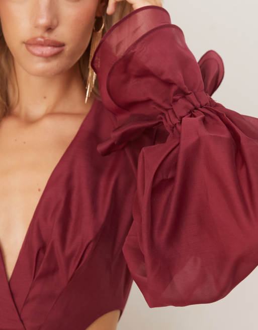 ASOS DESIGN organza pleated mini dress with blouson sleeves and cuff detailing in burgundy