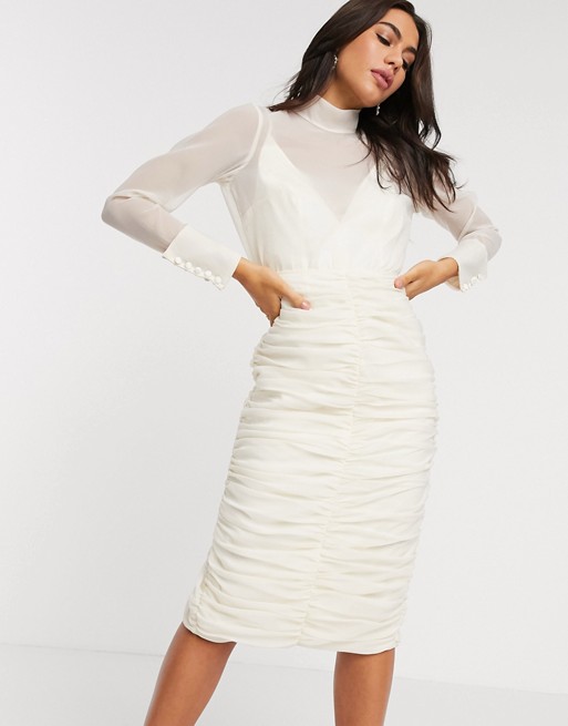 ASOS DESIGN organza ruched pencil midi dress in Ivory