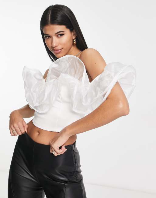 ASOS DESIGN organza ruffle bardot top in white