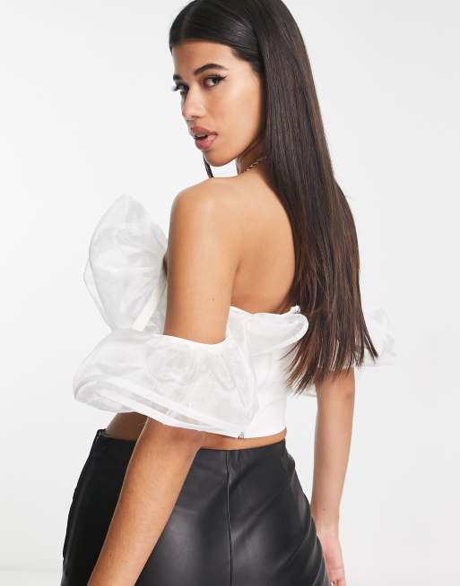 ASOS DESIGN organza ruffle bardot top in white