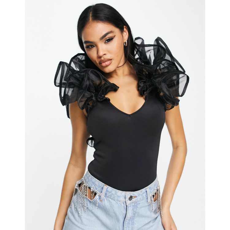 Black Ruffle Mesh Plunge Bodysuit, Tops