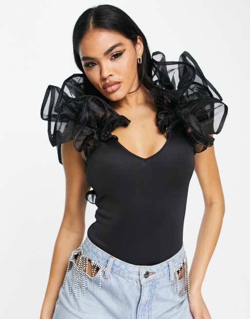 ASOS DESIGN organza ruffle bodysuit in black