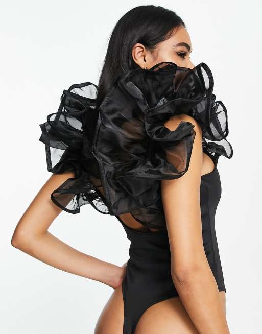 RIBBED BODYSUIT WITH ORGANZA RUFFLES - Black