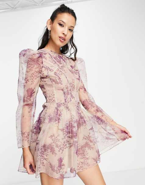 ASOS DESIGN organza seam detail mini dress in purple toile du jouy print - view 1