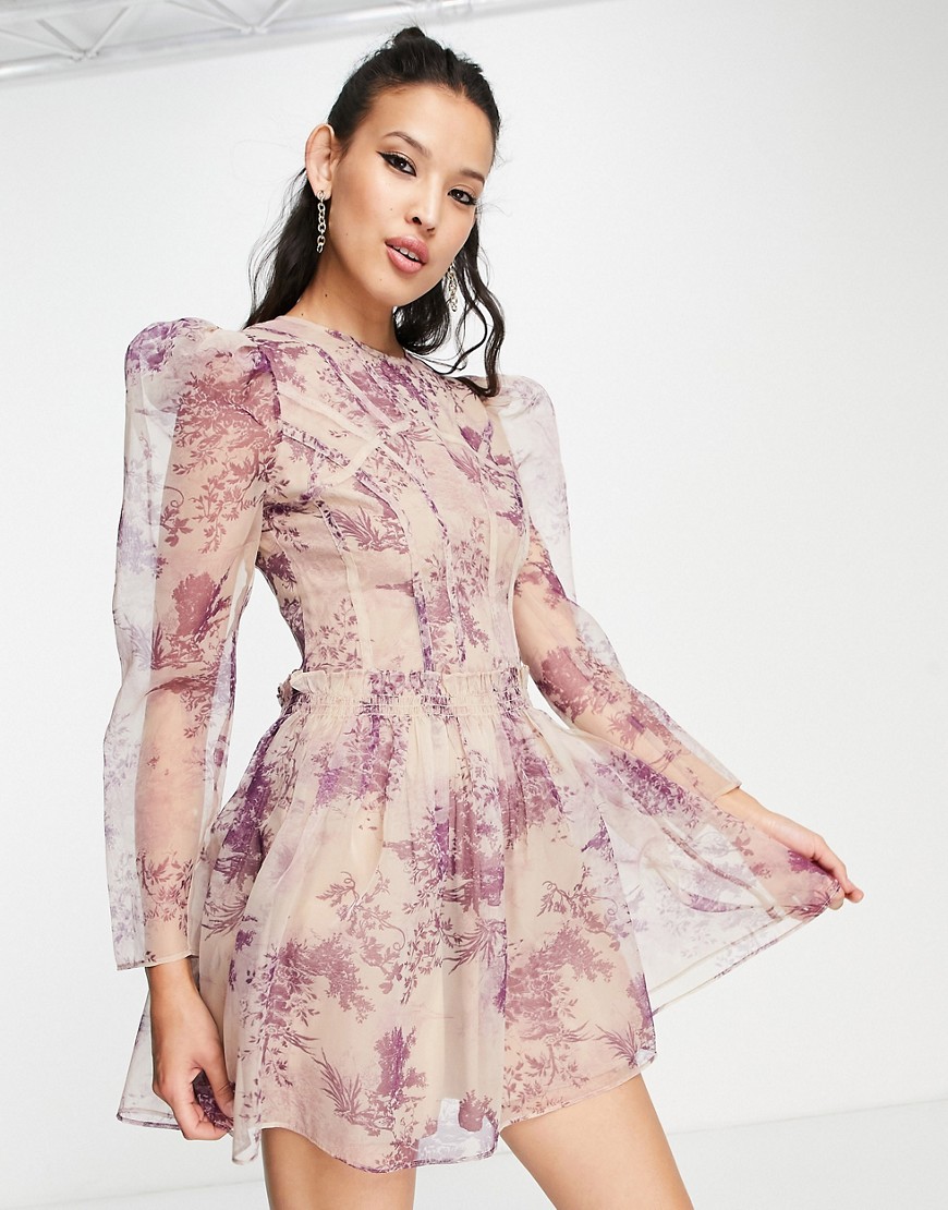 ASOS DESIGN organza seam detail mini dress in purple toile du jouy print-Multi
