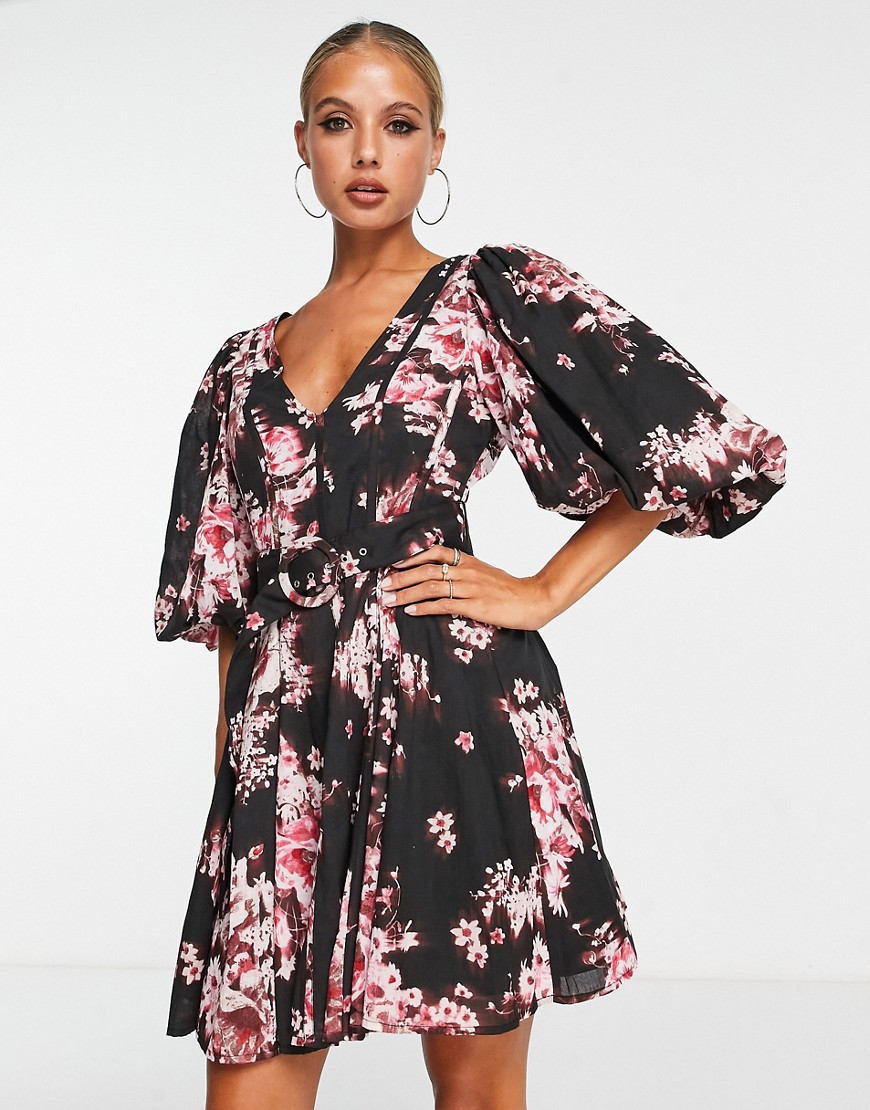 ASOS DESIGN organza seam detail puff sleeve mini dress with belt in black and rust floral print-Multi