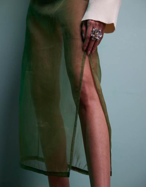 ASOS DESIGN organza sheer midi skirt in green, 4 of 5