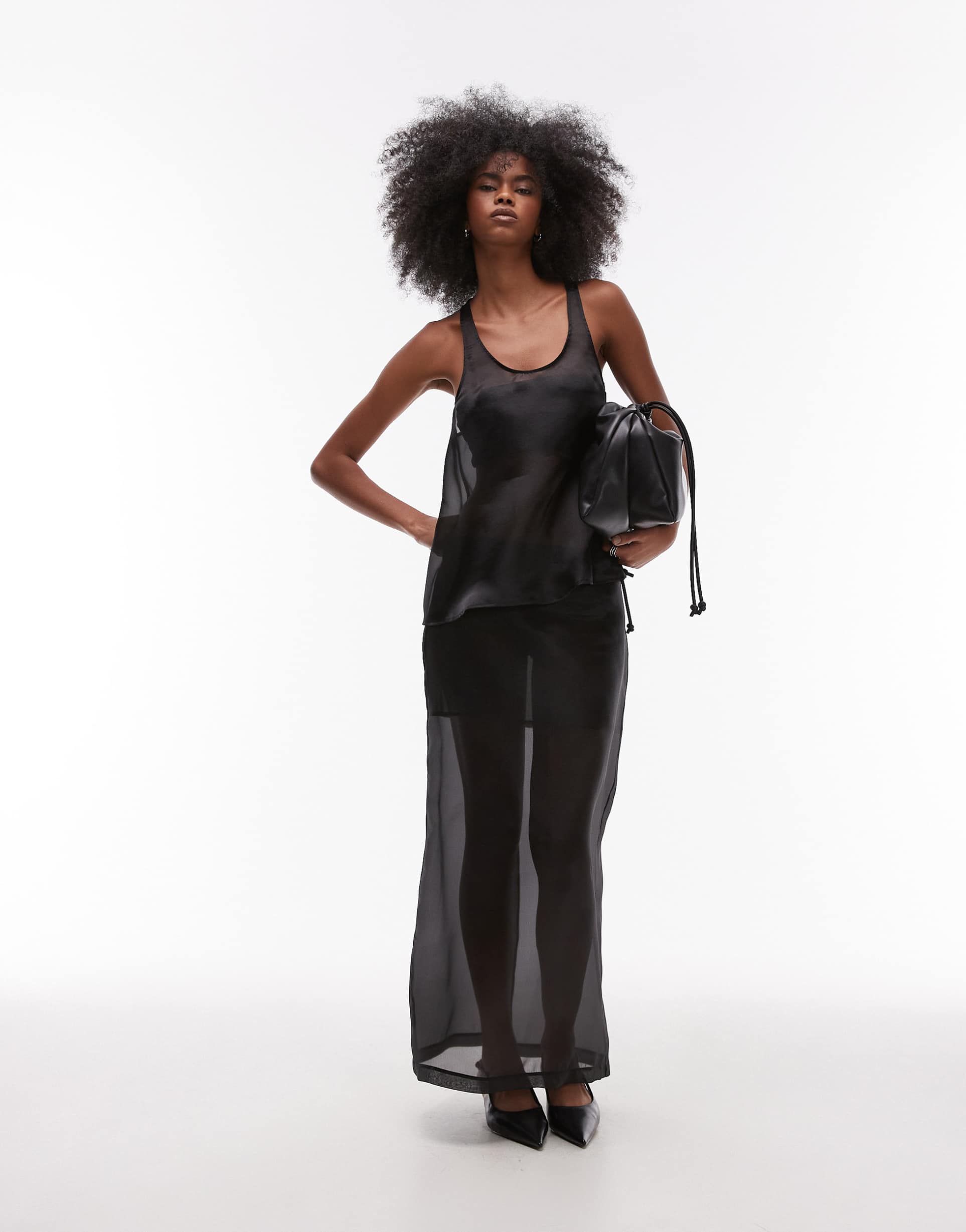 asos design organza sheer pencil maxi skirt in black