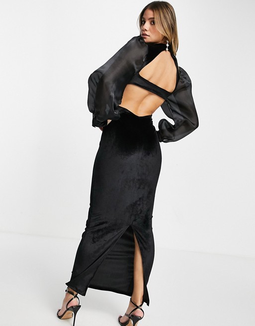ASOS DESIGN organza sleeve & velvet midaxi dress with open back in black