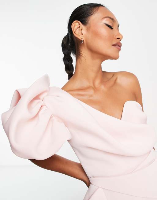 ASOS DESIGN - Origami midi-galajurk met blote schouder in beigeroze, 2 van 4