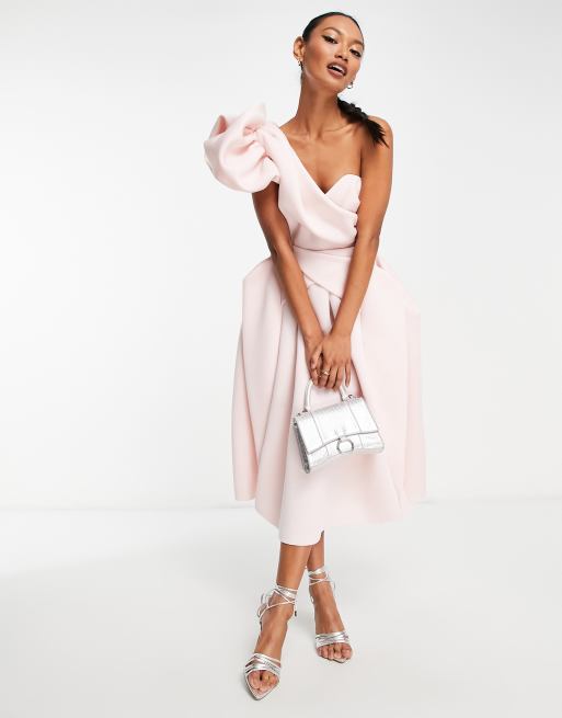 ASOS DESIGN - Origami midi-galajurk met blote schouder in beigeroze, 4 van 4