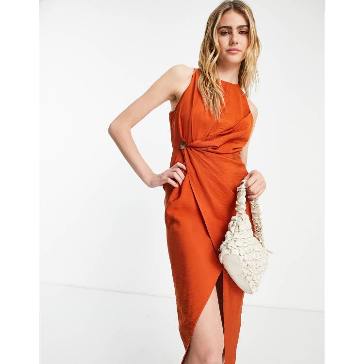 ASOS DESIGN origami sleeveless pencil midi dress in rust