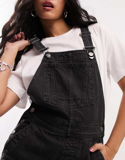 Unisex Black Denim Stretch Dungaree Shorts