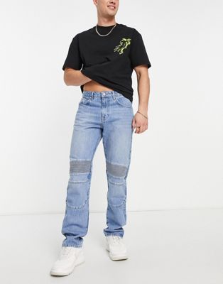 ASOS DESIGN original fit jeans in mid wash blue with biker detail and zipped hem - ASOS Price Checker