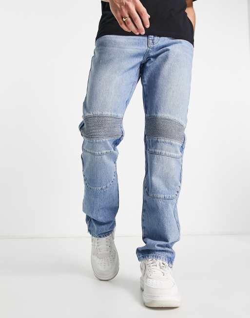 ASOS DESIGN original fit jeans in mid wash blue with biker detail