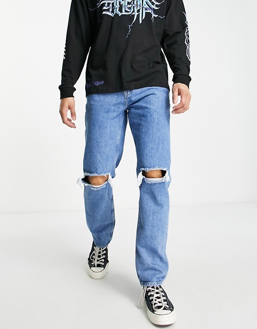 ASOS DESIGN original fit jeans in mid wash with knee rips