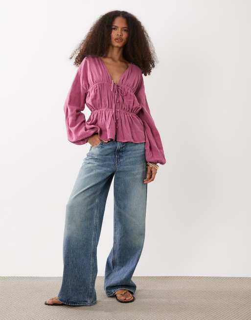 ASOS DESIGN - Orkidéfarvet langærmet overdel med smocksyninger og knapper foran, 2 af 4