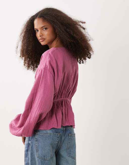 ASOS DESIGN - Orkidéfarvet langærmet overdel med smocksyninger og knapper foran, 3 af 4