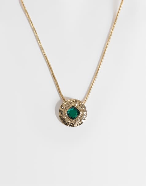 ASOS DESIGN ormkedjehalsband med hamrad hängberlock med infattad grön sten i guldfärg - view 1