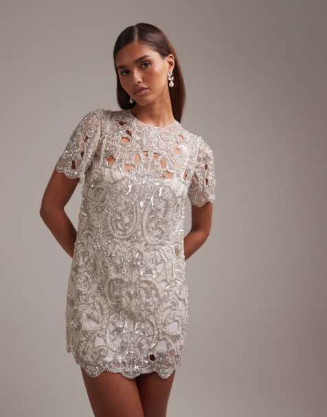 ASOS DESIGN ornamental embellished shift mini dress with cut work sequins in ivory