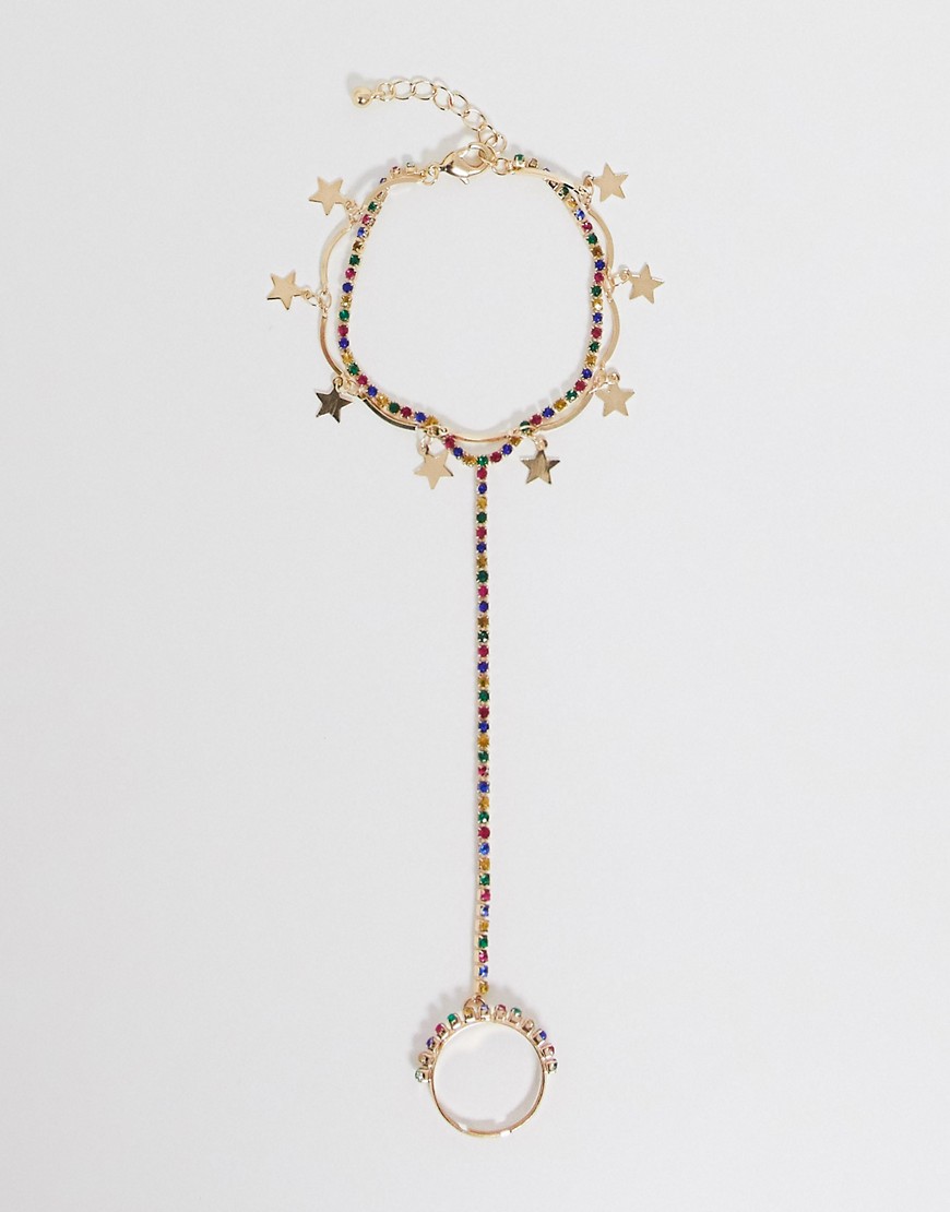 ASOS DESIGN - Ornamento per la mano con cristalli arcobaleno e charms a stella oro