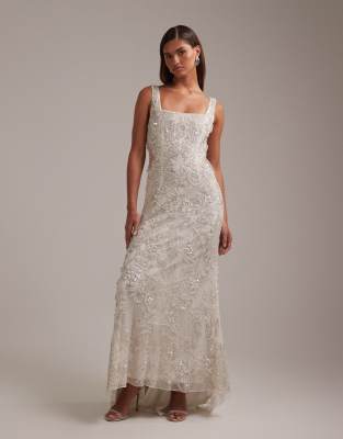 Asos Design Ornate Crystal Embellished Square Neck Maxi Wedding Dress In White