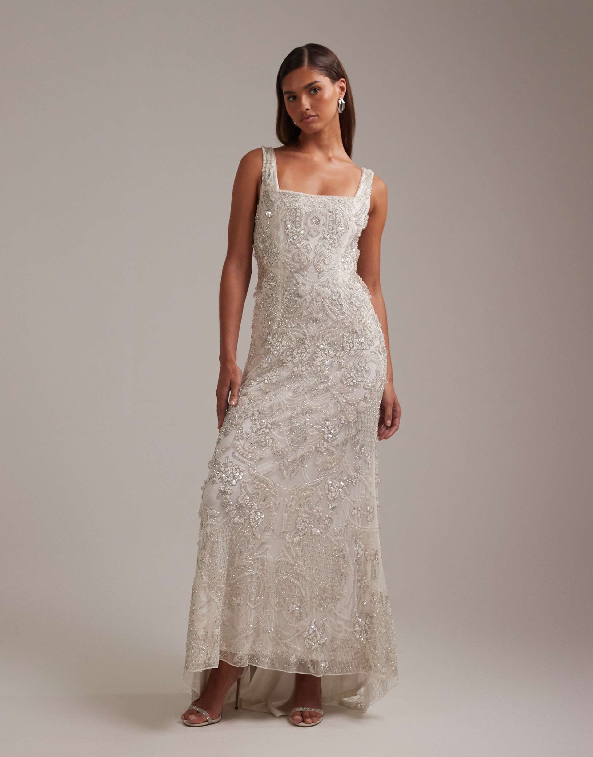asos design ornate crystal embellished square neck maxi wedding dress in ivory